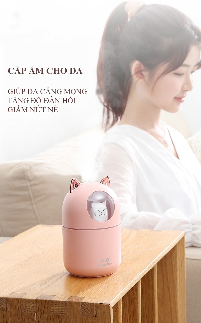 Máy Phun Sương, Máy Tạo Độ Ẩm Mini Hình Mèo CTFAST-01 Dung Tích 300 ML, Cấp Ẩm Cho Da, Phòng Điều Hòa, Khuếch Tán Tinh Dầu, Hoạt Động Êm Ái Ánh Sáng Thay Thế Đèn Ngủ - Hàng Chính Hãng