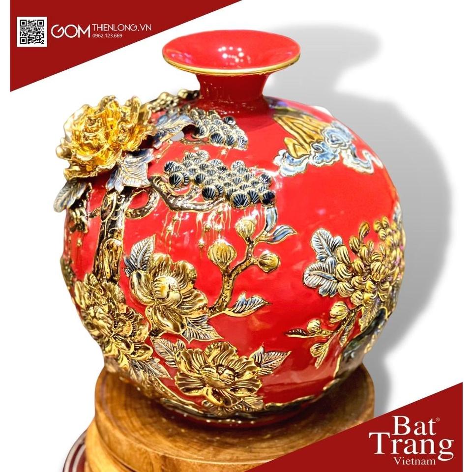 Bình Hút Lộc Mã Đáo Thành Công Màu Đỏ - Vẽ Vàng Đắp Nổi Hàng Kỹ - Bình Hút Tài Lộc Bát Tràng - Gốm Thiên Long