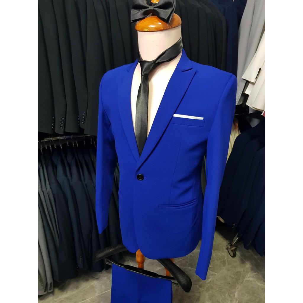 Bộ vest nam màu xanh coban cực chất cực dày mịn tặng kèm combo phụ kiện