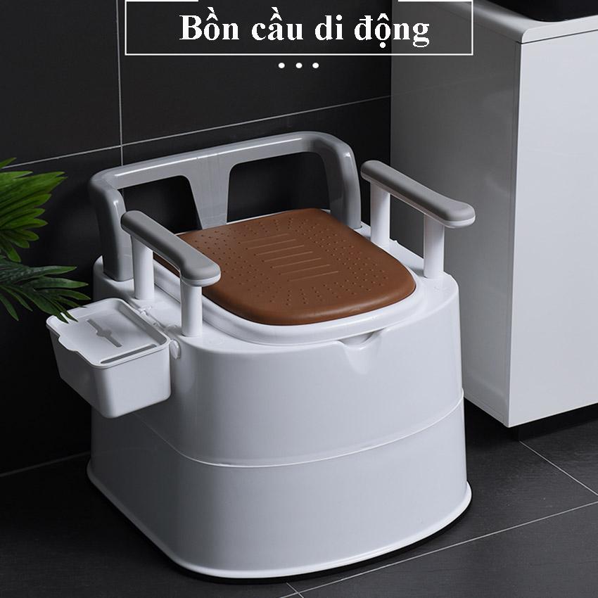 Bô cho người già - Bồn cầu di động CÓ TAY VỊN, TỰA LƯNG, NẮP KÉP NGĂN MÙI VÀ CHỐNG TRƯỢT BO QUANH  cho người già, phụ nữ mang thai, người bệnh khó vận động