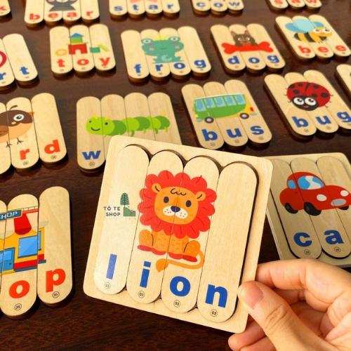 Xếp hình gỗ 3D Word Puzzle - Que Ghép gỗ có hình ảnh và chữ tiếng Anh kèm sách hướng dẫn, đồ chơi ghép hình gỗ 2 mặt Mon