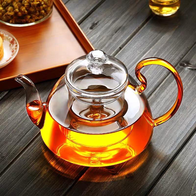 Ấm pha trà thuỷ tinh 1100ml quai vàng cao cấp