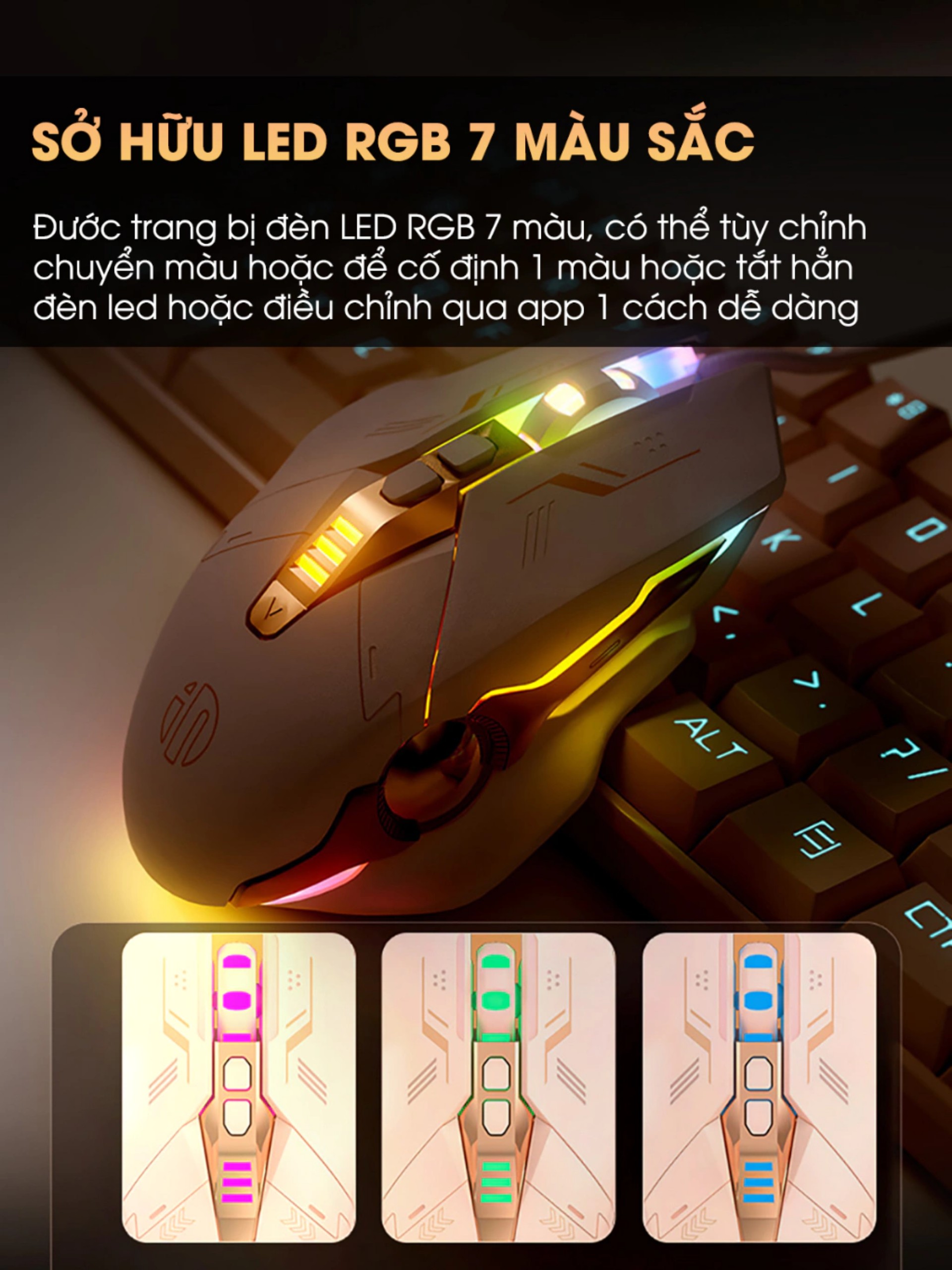 Chuột máy tính gaming TEKKIN W5P màu trà sữa có dây silent LED RGB 4000 dpi cho máy tính vi tính laptop chơi game pc - hàng chính hãng