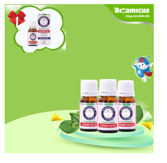 Combo 02 lọ BioAmicus Vitamin D3 &amp; K2 MK7 - Canada, giúp bé tăng hấp thu canxi, phát triển chiều cao.