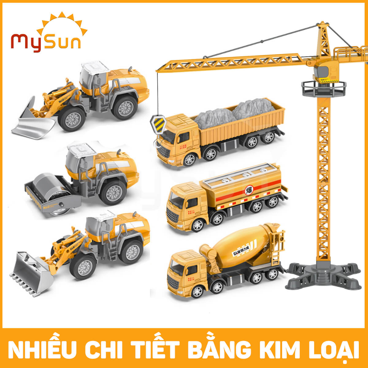 Xe tải, ô tô máy ủi, xúc múc đất, trộn bê tông, cần cẩu nâng, xe ủi đồ chơi công trình bằng kim loại cho trẻ em bé