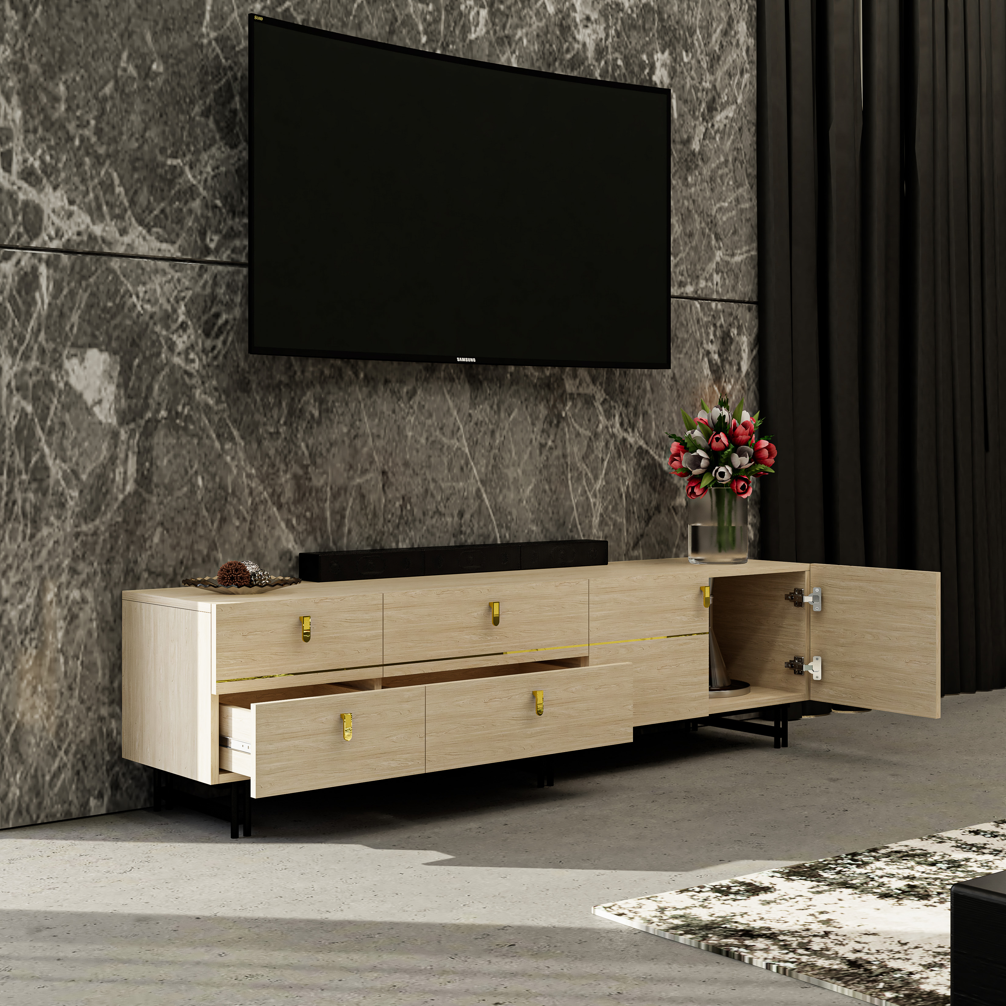 [Happy Home Furniture - 100% GỖ TỰ NHIÊN] JOCASTA, Kệ TV 4 ngăn kéo - Chân sắt, 180cm x 40cm x 48cm ( DxRxC), KTV_050