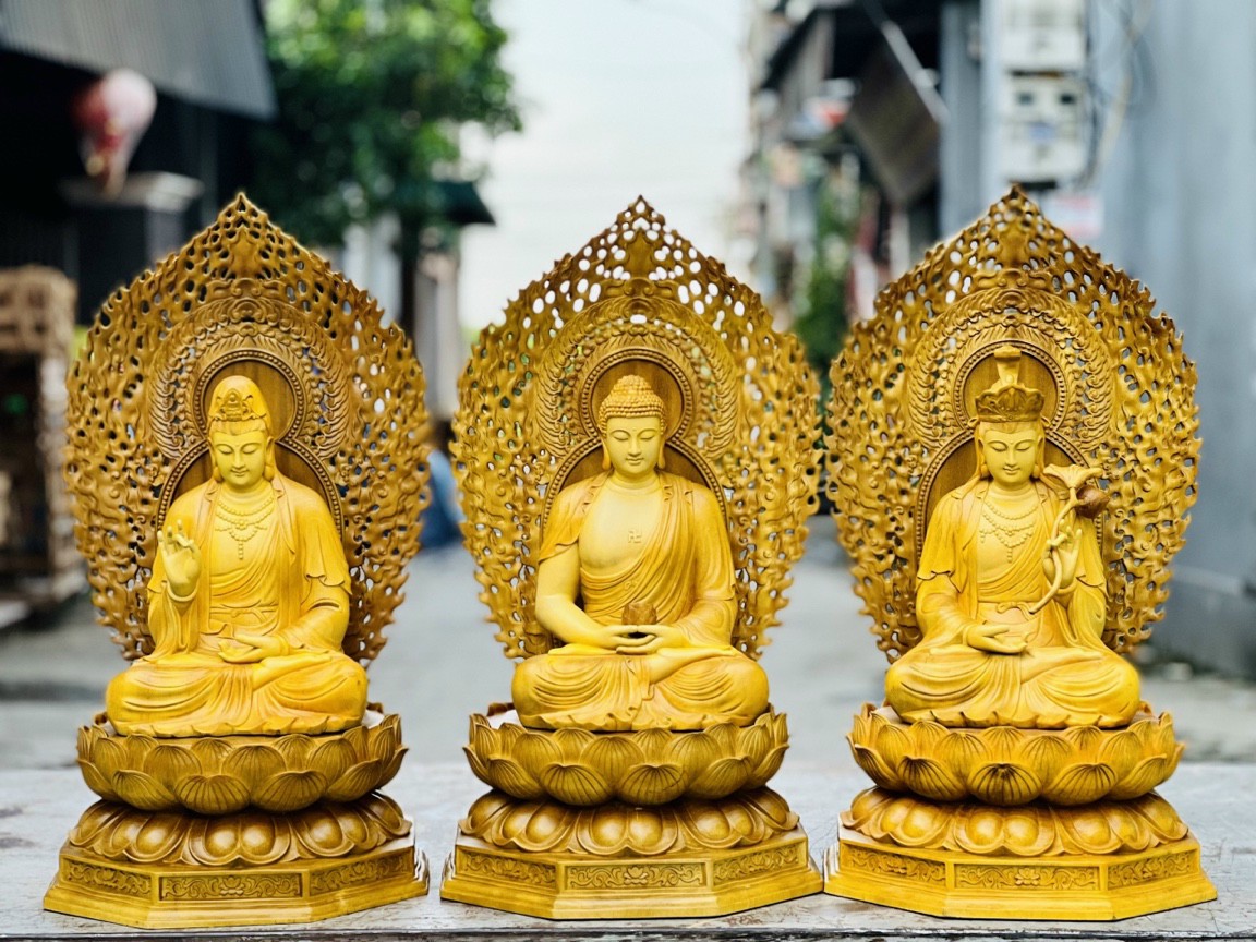 Bộ Tượng phật tây phương tam thánh bằng gỗ gõ vàng kt 90×48×48cm