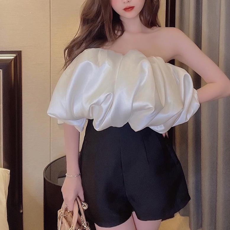 Áo croptop trắng trễ vai satin cúp ngực bồng ivy fashion đi biển dự tiệc dạo phố bigsize gợi cảm sexy