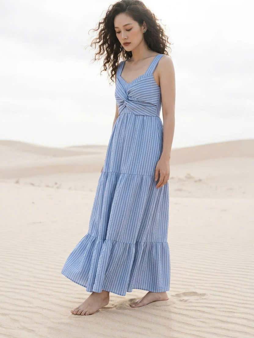 Đầm Maxi Sọc Xanh Cotton Vân Hy DRE205 Thời trang Hity