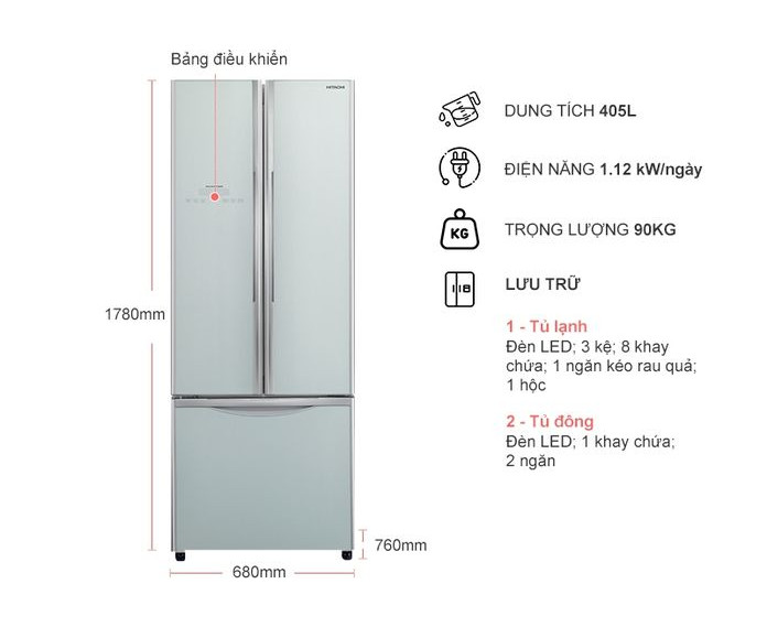 Tủ lạnh 3 cánh 405 lít Inverter Hitachi R-FWB475PGV2(GS) - Hàng chính hãng (chỉ giao HCM)