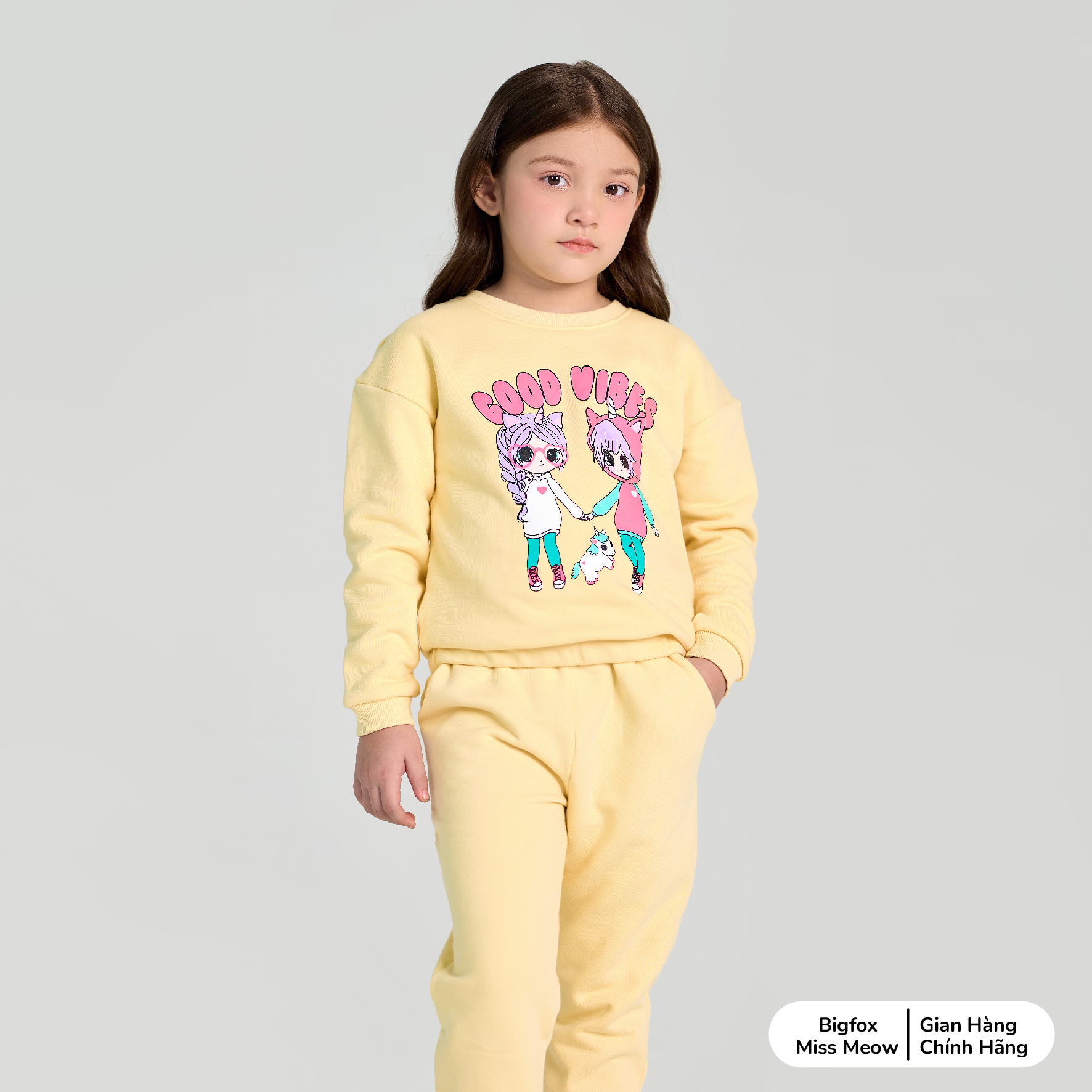 Bộ thu đông bé gái Bigfox Miss Meow size đại, bộ nỉ cho bé vải nỉ bông dày dặn in hai cô gái Good Vibes size 3,4…11 tuổi