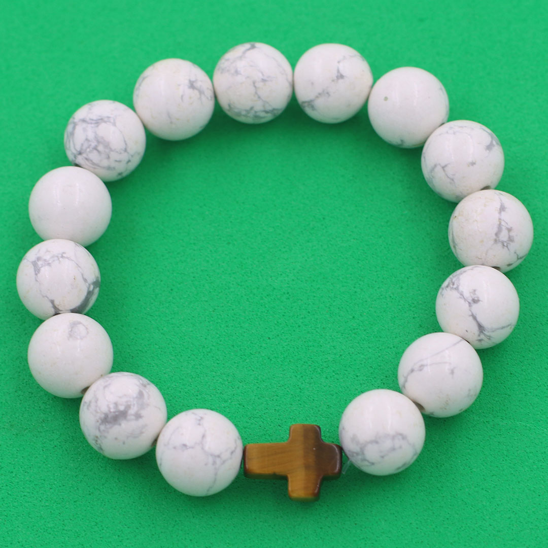 Vòng chuỗi đeo tay Đá Howlite charm Thánh giá - Chuỗi tay Phong thủy Bình an, May mắn
