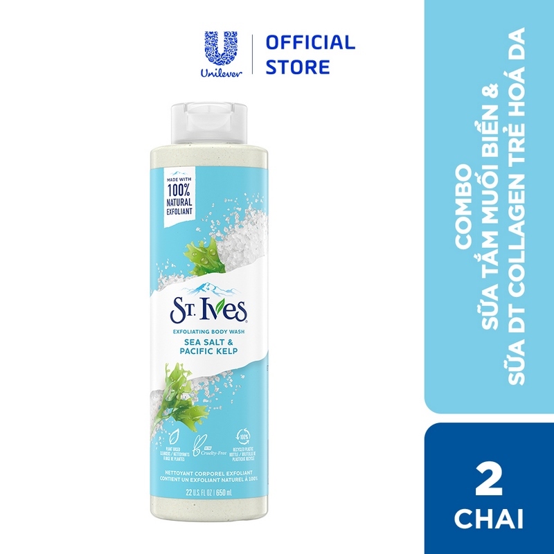 Combo Sữa tắm St.ives Muối biển 650ml và Sữa dưỡng thể St.Ives collagen trẻ hoá da 621ml