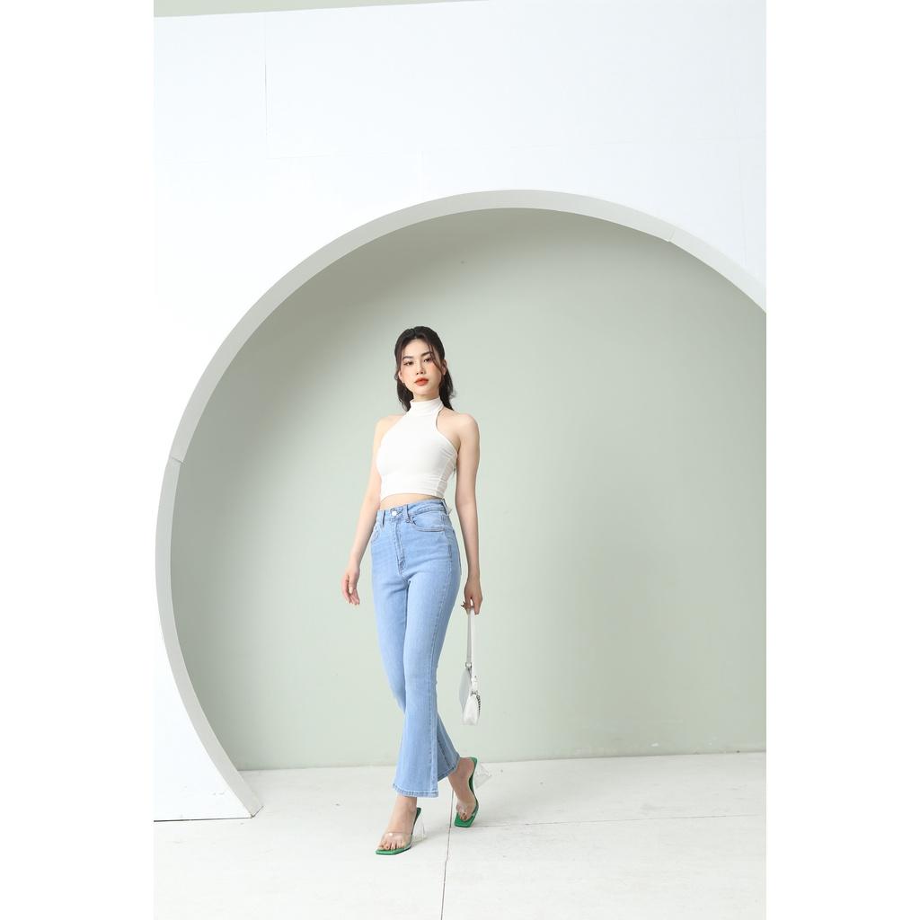 Quần Jean Nữ Ống Loe Cạp Cao Co Giãn Trơn Gấu Thường CT JEANS