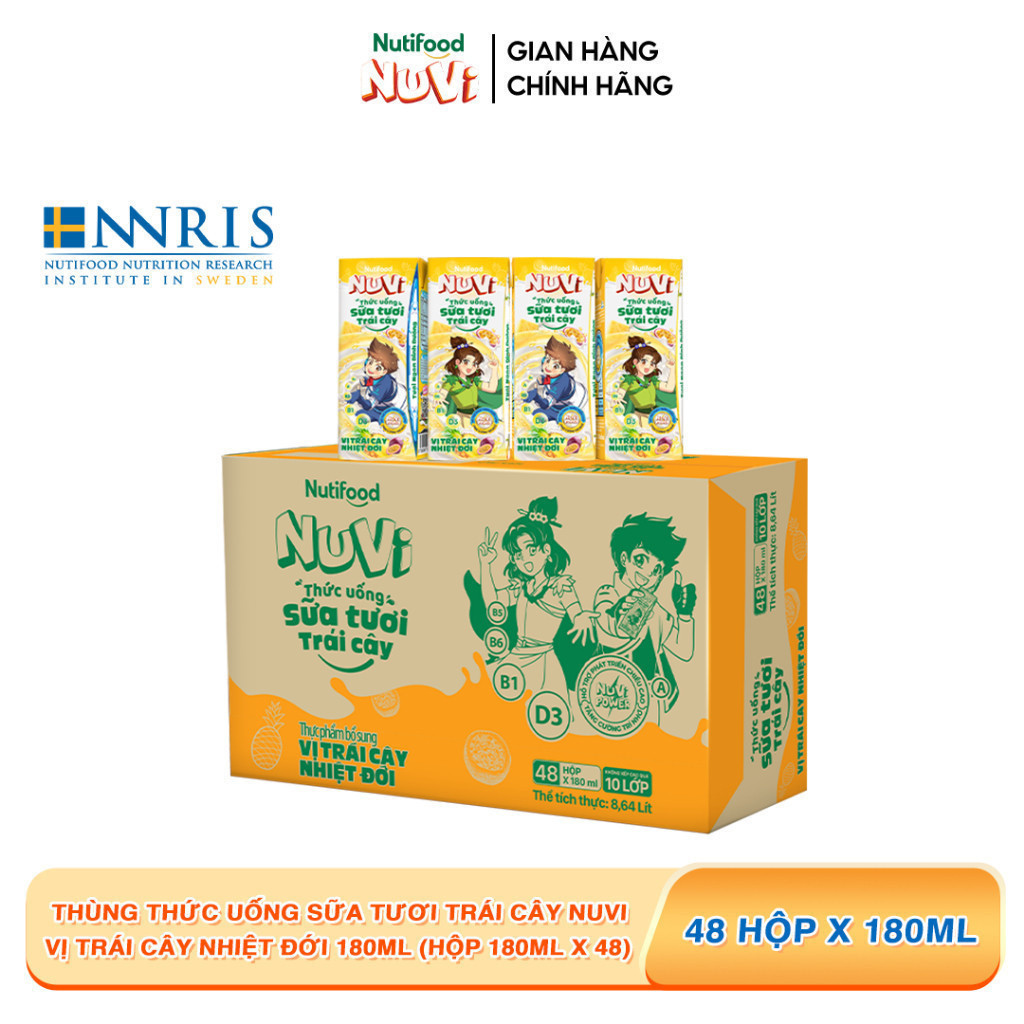 Thùng 48 hộp Thức Uống Sữa Tươi Trái Cây Tươi Nuvi Vị Nhiệt đới 180ml - Tăng Cường Chiều Cao, Phát Triển Trí Não