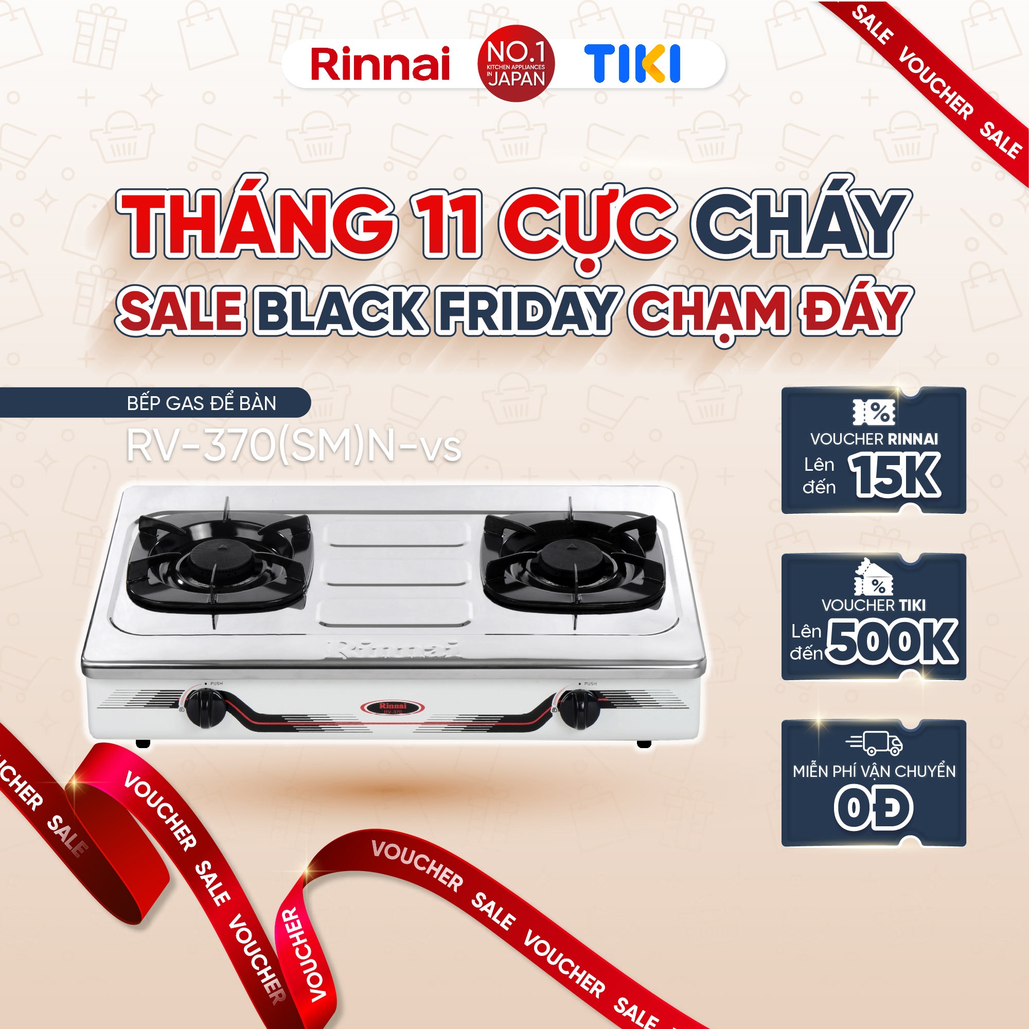 Bếp gas dương Rinnai RV-370(SM)N mặt bếp inox và kiềng bếp men - Hàng chính hãng