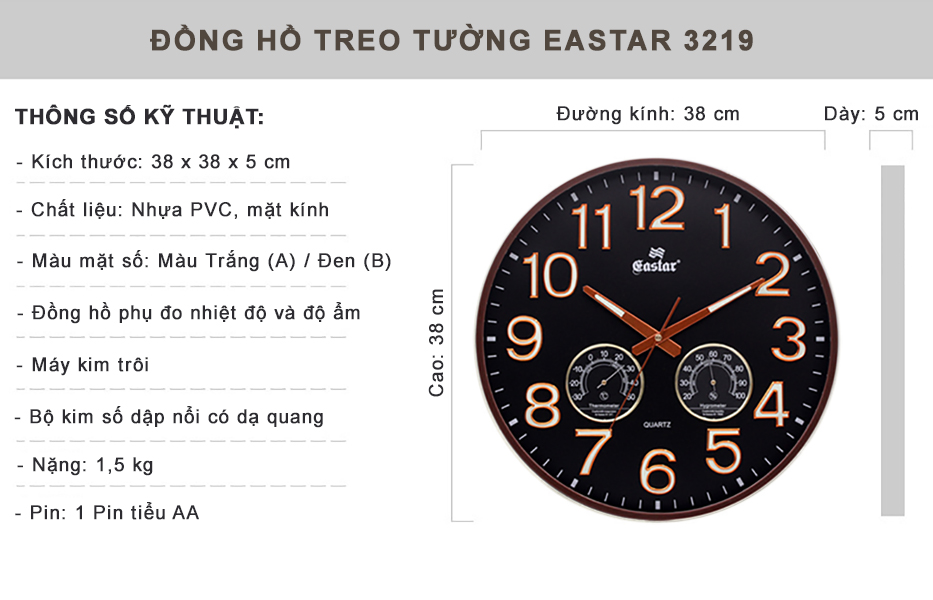 Đồng Hồ Treo Tường DECOR Trang Trí Nhà Hình Tròn Viền Mỏng 38cm EASTAR - Bộ Kim Số DẠ QUANG và NHIỆT ẨM KẾ TỰ ĐỘNG - Tặng Pin Maxell