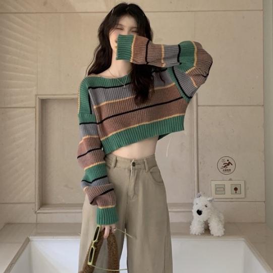 [L2M] Áo len nữ Montoghi dệt kim cổ tròn TAY DÀI dáng CROPTOP kẻ sọc xanh loại 1 phong cách Hàn Quốc cá tính