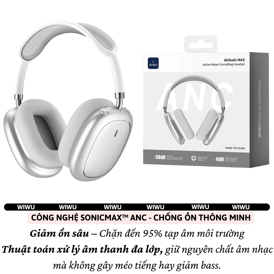 Tai Nghe Bluetooth 6.0 chống ồn chủ động SonicMax ANC 38dB hiêuWiWU Airbuds MAX TD-18 -38dB | Driver 40mm | Pin 40 Giờ | Earcups Xoay 360 | Headband Thoáng Khí - hàng nhập khẩu