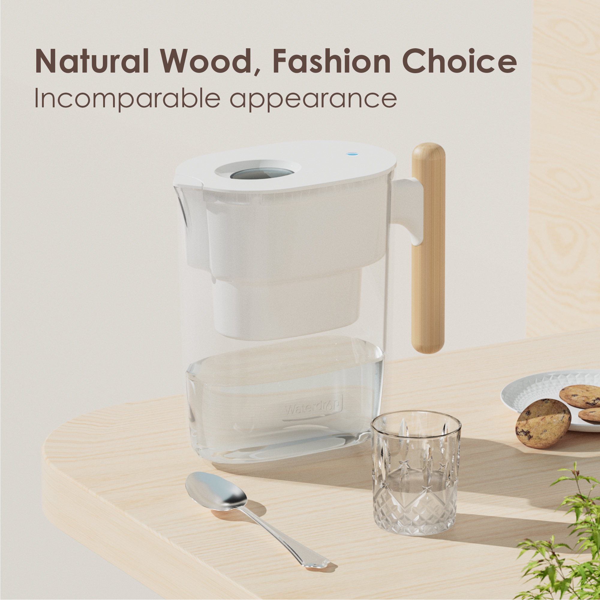 Bình lọc nước 4.4L WD-PT-04W Waterdrop Chubby Pitcher có tay cầm bằng gỗ