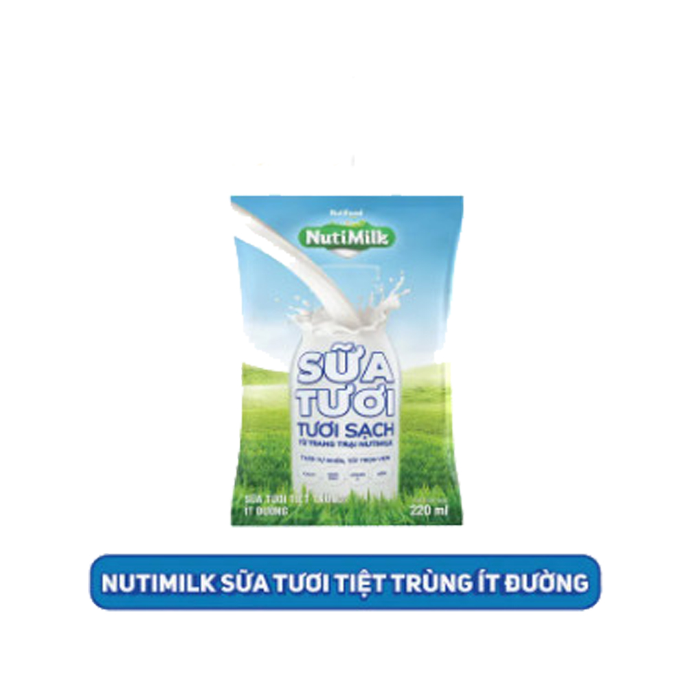 Thùng 48 bịch NutiMilk Sữa tươi 100 điểm - Sữa tươi tiệt trùng Ít đường Bịch 220ml TU.STIDB220TI NUTIFOOD
