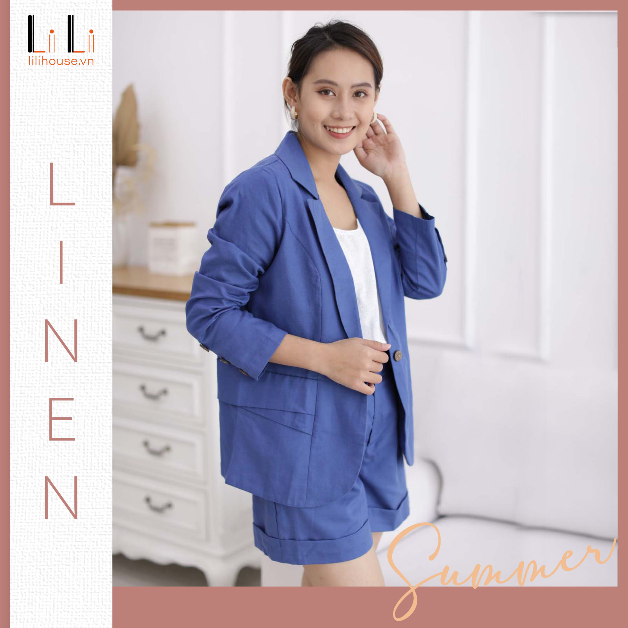 Set Vest, BLAZER nữ LINEN cao cấp - Màu Xanh Coban