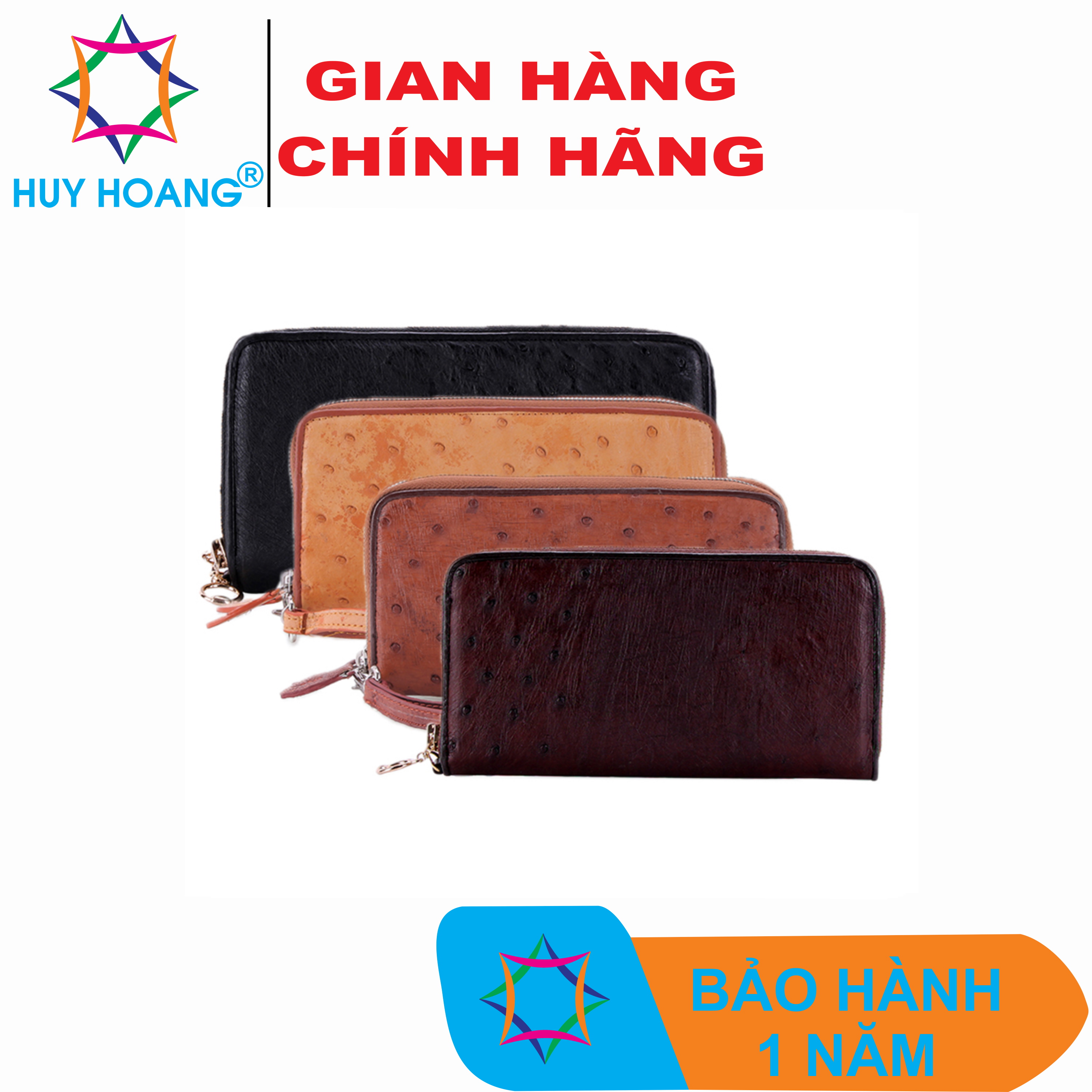 Bóp nữ da đà điểu Huy Hoàng 2 khóa màu đen, nâu đỏ, vàng bò, nâu đất HT3440-41-42-43