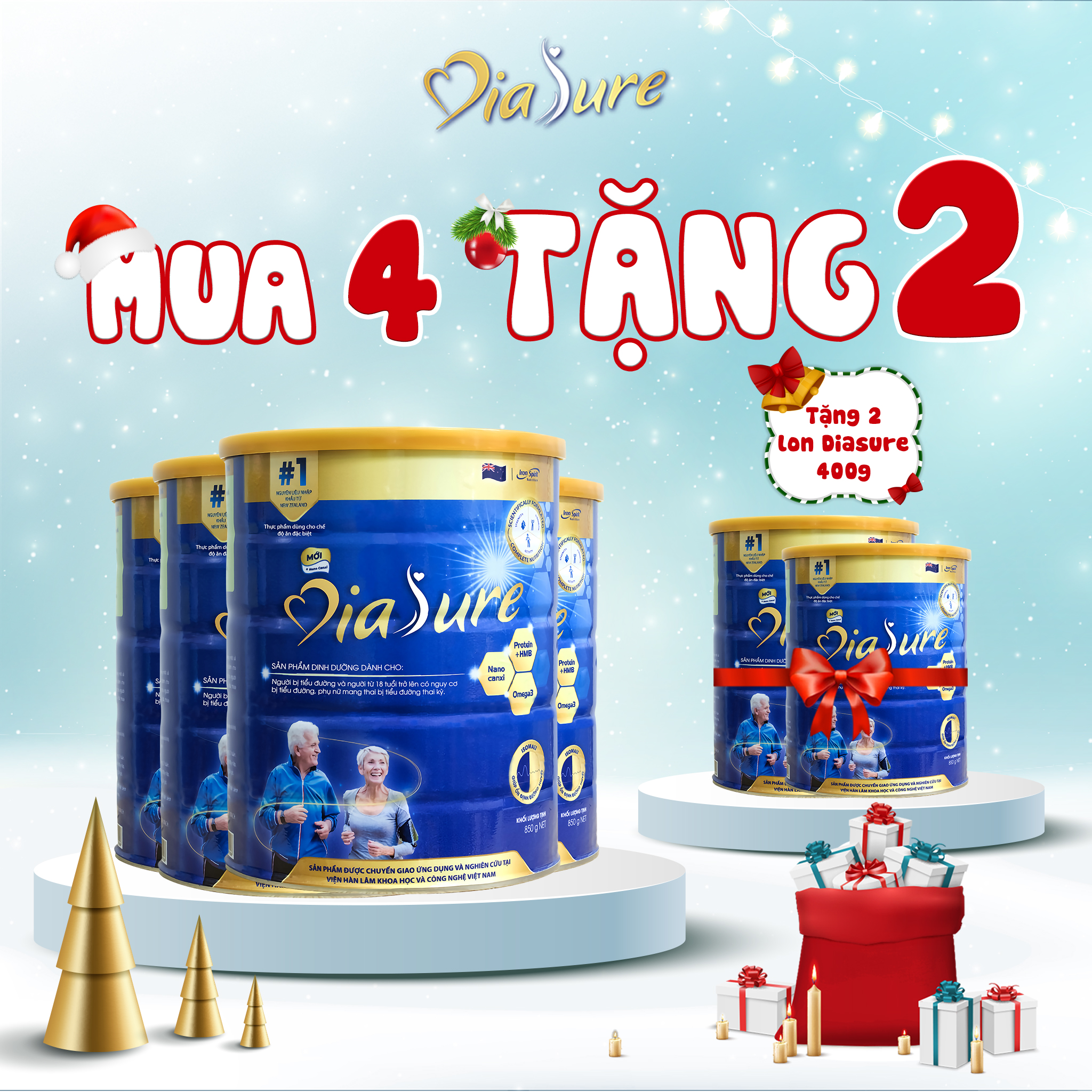 Sữa Non Diasure 850G (NEW) bổ sung thêm Nano Canxi, Omega3 (Mua 4 tặng 2 hộp 450G)- Sữa chuyên dùng cho người tiểu đường