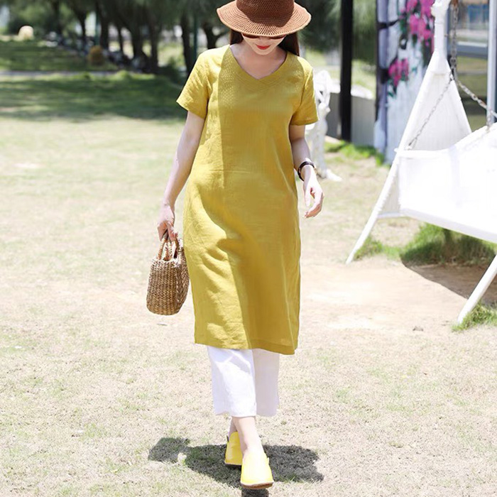 Sét Đầm Suông Linen ngắn tay cồ tim kèm Quần ống rộng ArcticHunter