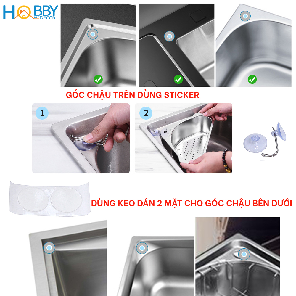 Rổ treo góc chậu rửa chén đa năng Inox 304 Hobby Home Decor KGC1 - kèm sticker và keo dán tiện dụng