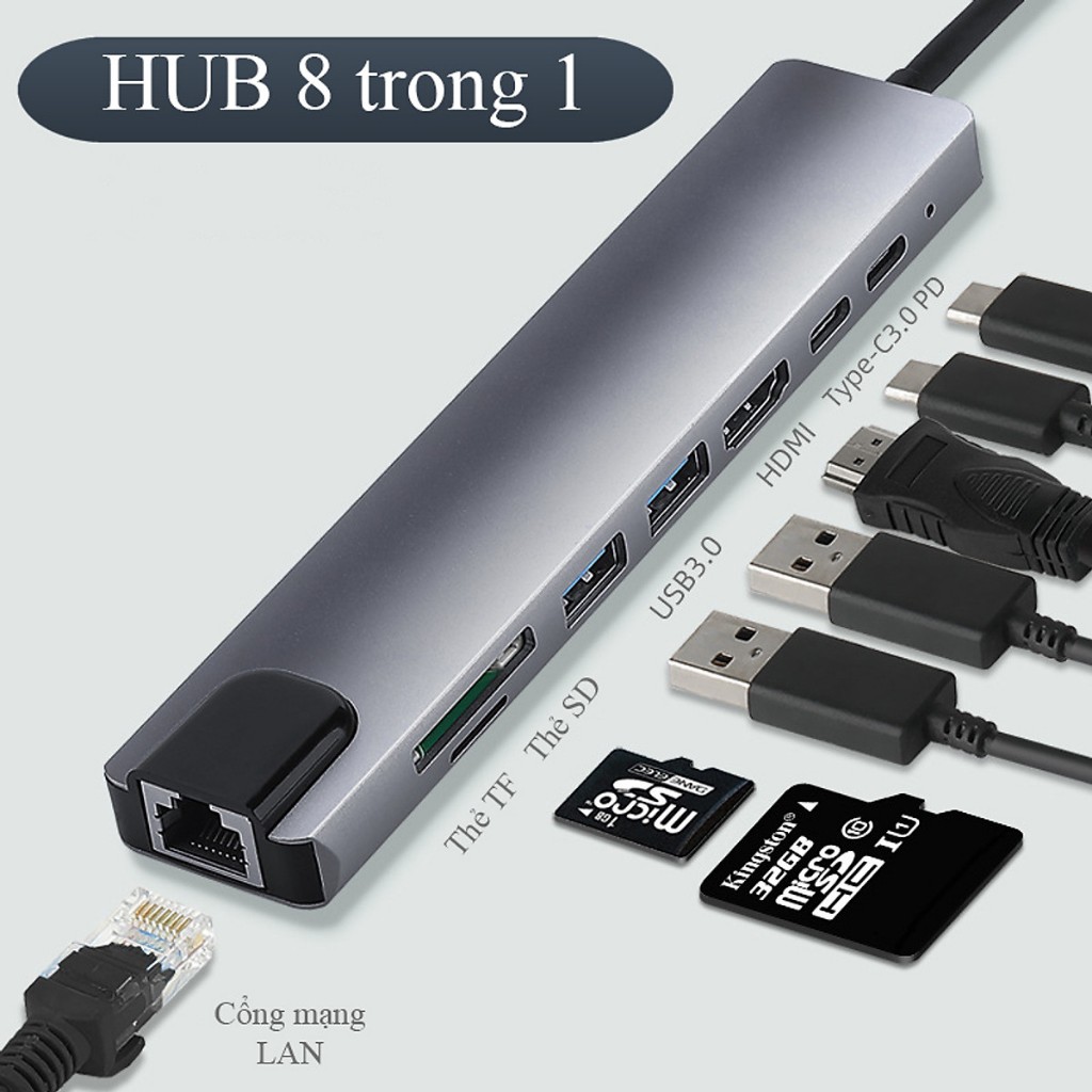 Bộ Chuyển Đổi Hub 8 Trong 1 Type C 3.1 Sang HDMI 4K-Mạng RJ45 Đọc Thẻ SD / TF Cho MacBook Notebook Laptop Máy Tính-Hàng Chính Hãng