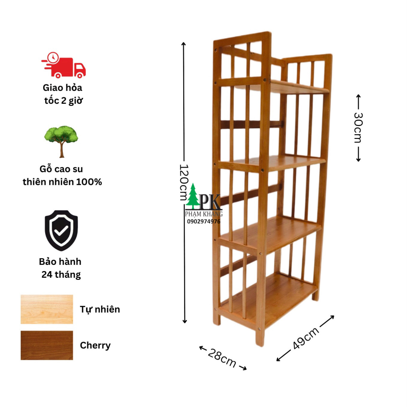 Kệ sách gỗ Phạm Khang 4 tầng rộng 50cm màu vàng cherry