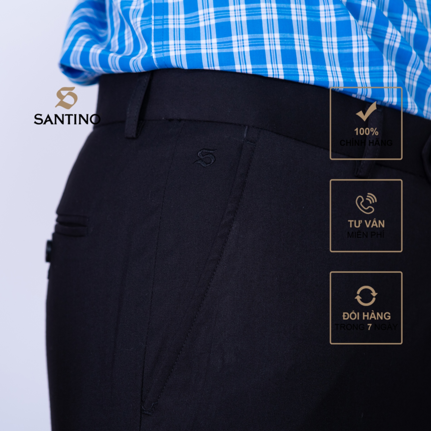 Quần âu nam dài trơn SANTINO, chất liệu Sợi tre dáng ôm slim fit công sở lịch lãm màu đen Q070