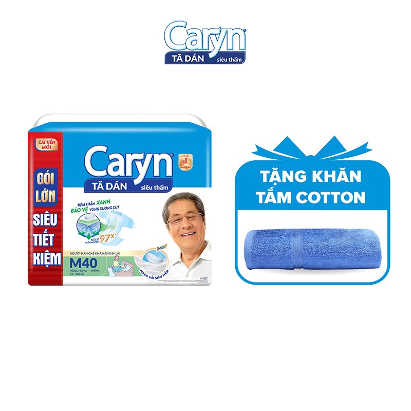 Tã Dán Người Lớn Caryn Siêu Thấm Size M40 (40 Miếng) Gói Siêu Tiết Kiệm - Tặng khăn tắm cao cấp