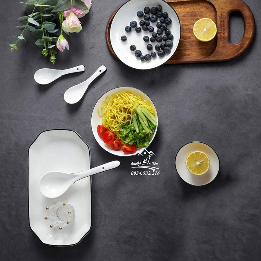 Bộ Bát Đĩa Cao Cấp Sứ Trắng Bo Viền - Phong Cách Bắc Âu 28-45 Món - BA09