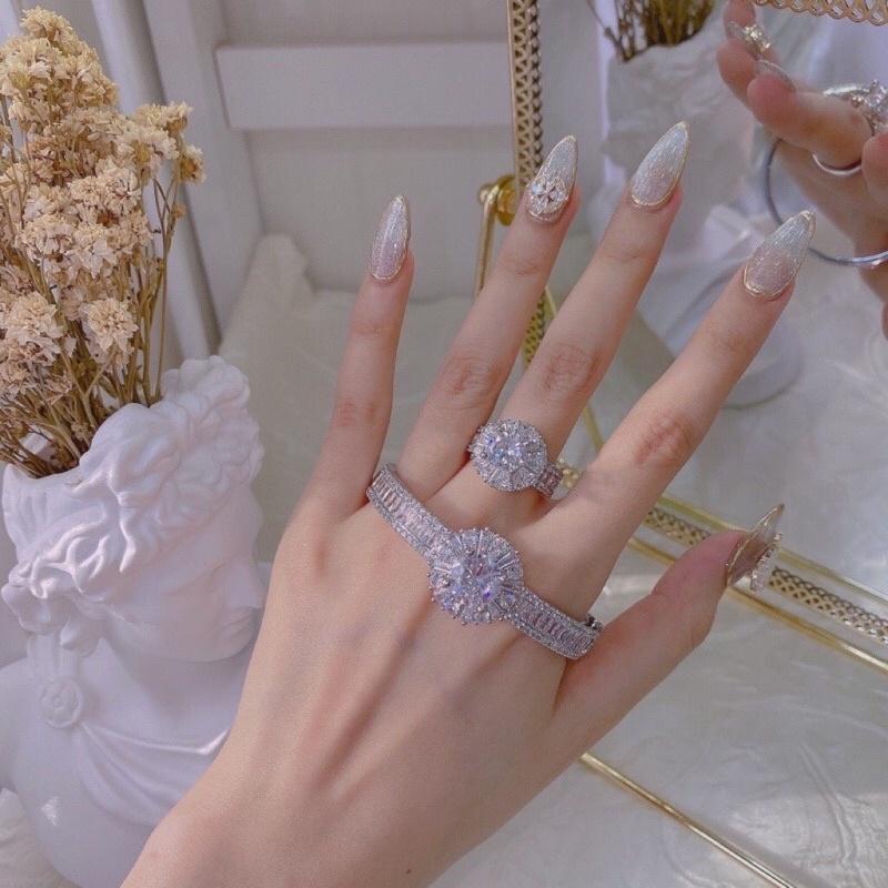 Set bộ Vòng tay và nhẫn nữ xi bạch kim siêu sáng siêu bền Kami