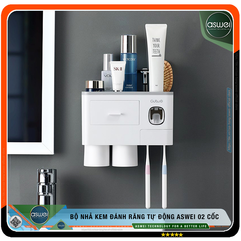 Bộ Nhả Kem Đánh Răng Tự Động ASWEI 2,3,4 Cốc - Chất Liệu Nhựa ABS Cao Cấp - Kệ Để Đồ Nhà Tắm ASWEI Tích Hợp Giá Treo Bàn Chải Đánh Răng Và Cốc - Kệ Nhà Tắm ASWEI - Hàng Chính Hãng