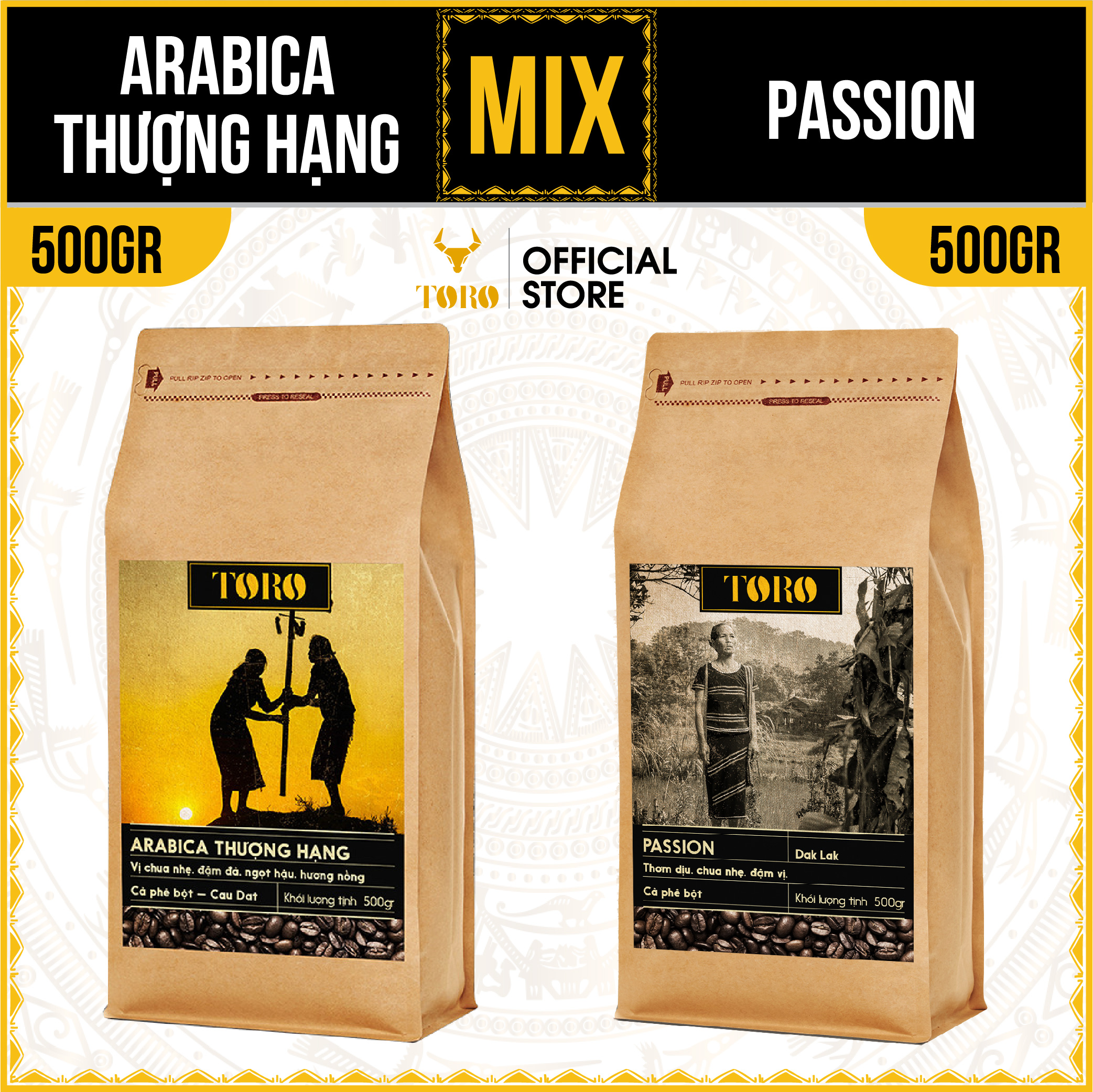 [1KG] Bộ Mix Cà Phê Bột Toro Arabica Thượng Hạng &amp; Toro Passion Nguyên Chất 100% | 500GR/Gói | TORO FARM