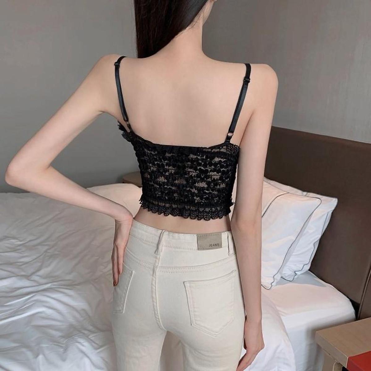 Áo 2 Dây Nữ Ren Hoa Tiểu Thư Đính Hạt Viền Bèo, Chun Sau Dáng Croptop Siêu Sang Chảnh Có Mút Ngực aloha