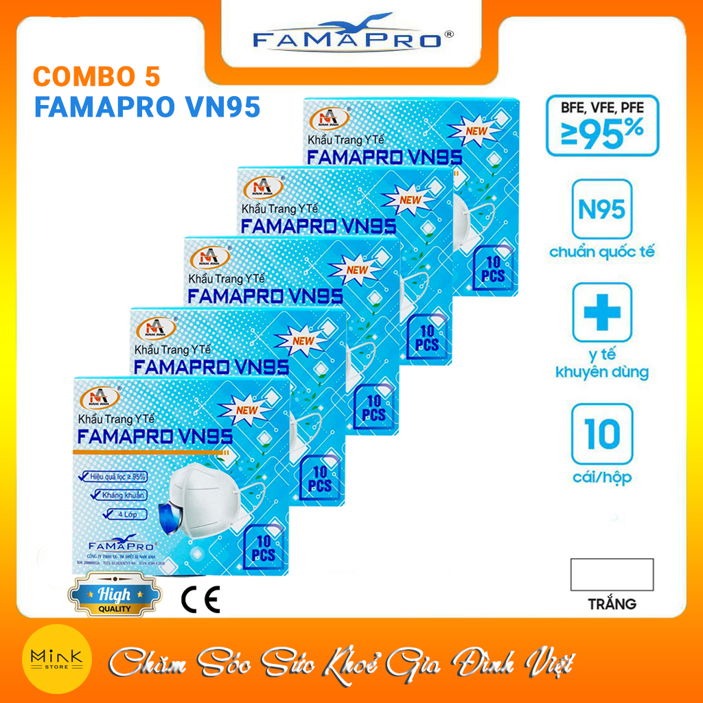 [HỘP - FAMAPRO VN95] - Khẩu trang y tế kháng khuẩn 4 lớp Famapro VN95 đạt chuẩn N95 (10 cái/ hộp) - COMBO 5 HỘP
