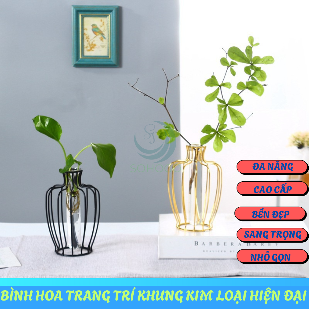 Lọ Hoa Trang Trí Khung Kim Loại Sang Trọng- Bình Hoa Thủy Tinh Kèm Khung Sắt Nghệ Thuật- Lọ Hoa Phong Cách Bắc Âu - Bình Hoa Decor Nội Thất Hiện Đại- Lọ Hoa Khung Sắt Kèm Ống Thủy Tinh Trang Nhã