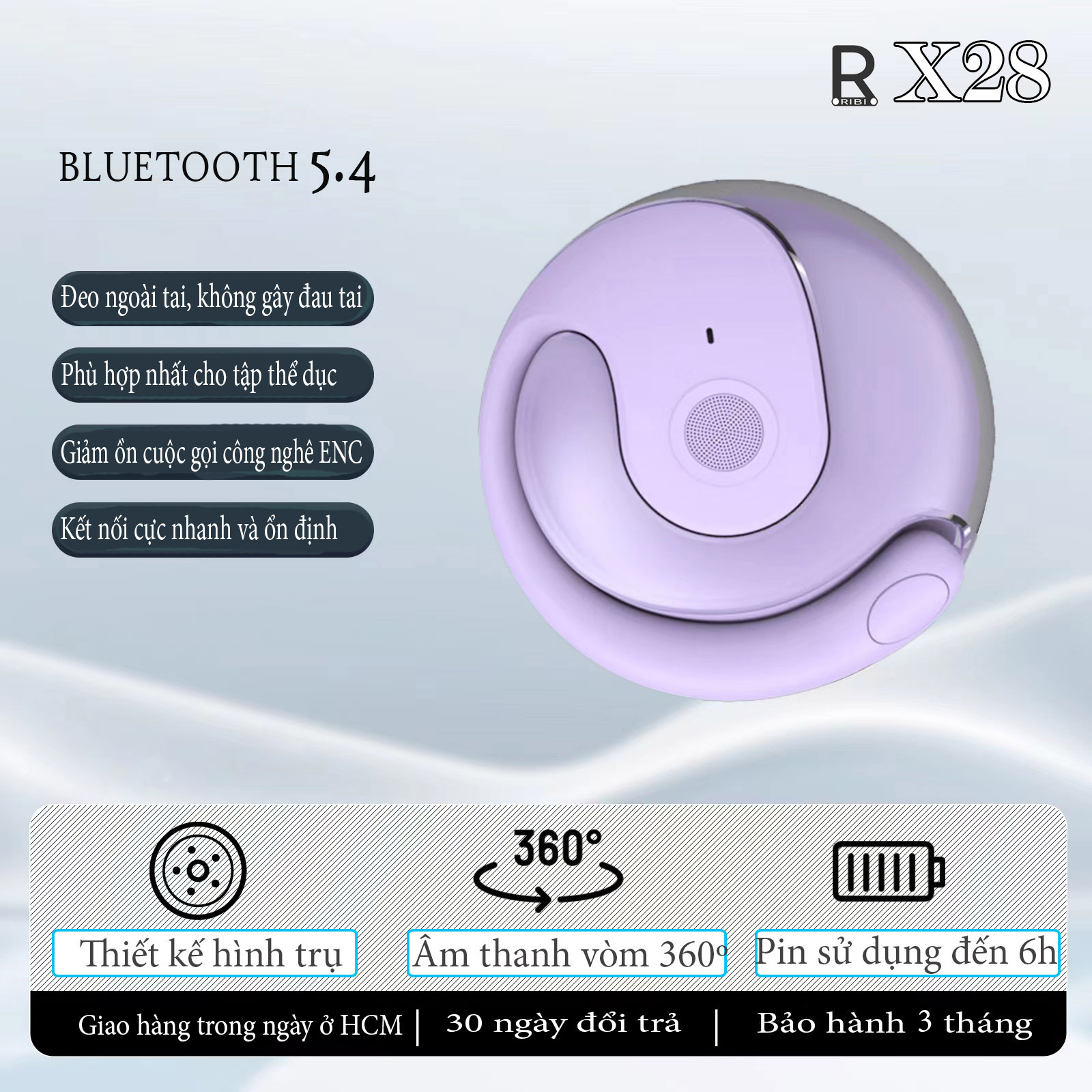 Tai nghe bluetooth thể thao RIBI X28 - Thiết kế đẹp mắt - Pin lâu - không gây đau tai - Phù hợp chạy bộ và đạp xe - Hàng Chính Hãng