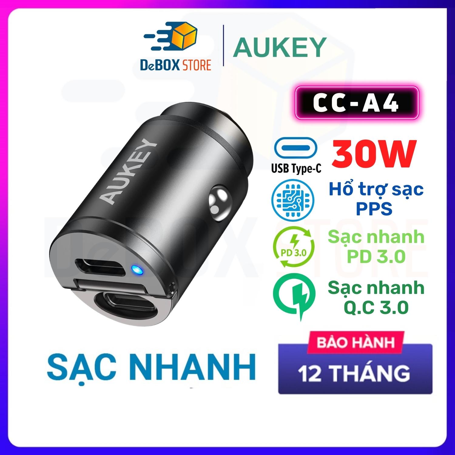 Tẩu Sạc ô tô AUKEY Siêu Nhanh CC-A4 2 Cổng C 30W, USC-C PD 3.0 20W QC 3.0 , Hổ trợ PPS - Hàng Chính Hãng