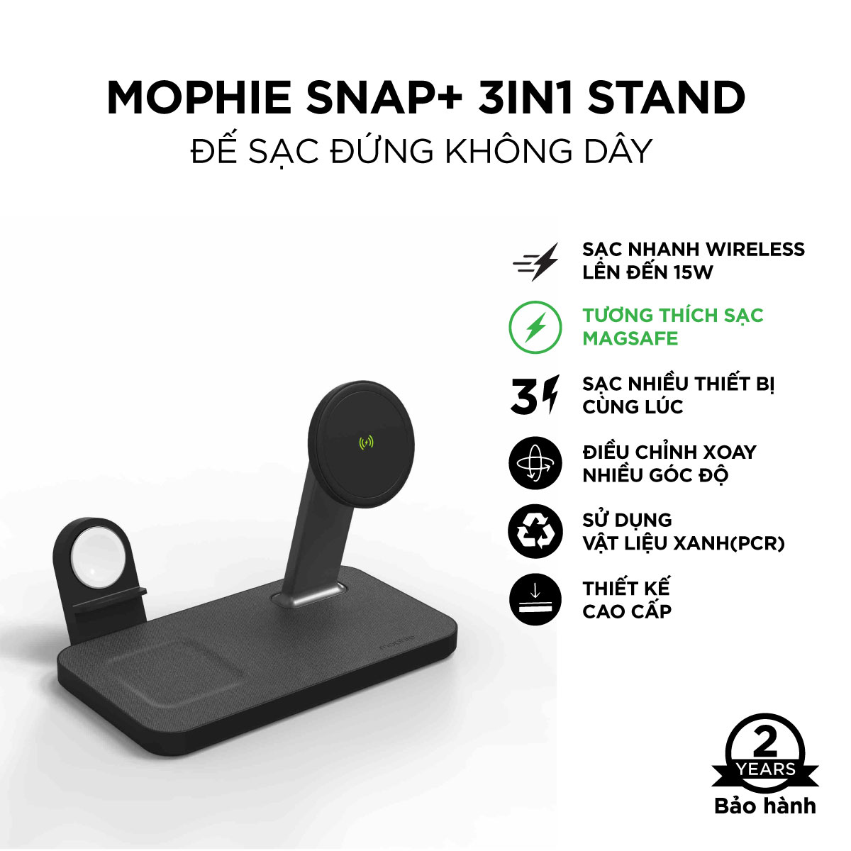 Đế sạc mophie Snap+ 3in1 Stand, đế sạc không dây 15w sạc 3 thiết bị cùng lúc - Hàng chính hãng bảo hành 2 năm 1 đổi 1