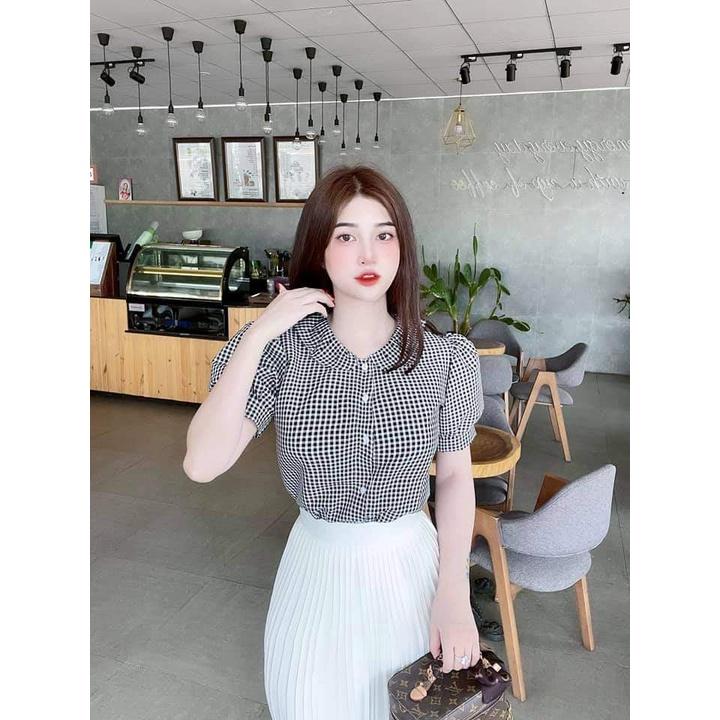 Áo Sơ Mi nữ công sở thời trang SURI Caro xốp đen đỏ Tay Ngắn Dáng Rộng Kẻ Sọc Kiểu Hàn Quốc-CARODENDOND