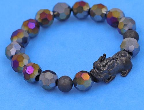 Chuỗi tay Pha Lê Xanh Đen cắt giác 10 ly Mix Tỳ Hưu inox 2 bi - Chuỗi tay thời trang phong thủy