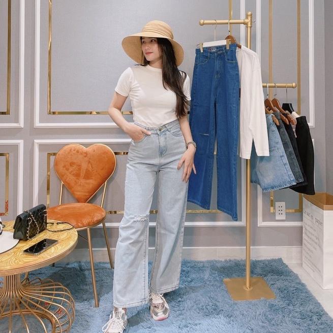 Quần jean ống rộng Xanh rách gối, kèm ảnh thật và video