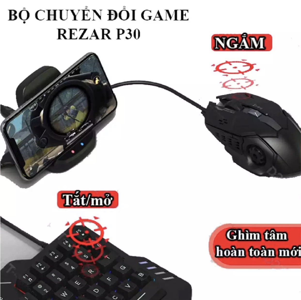Bộ chuyển đổi game REZAR P30 dùng chuột và bàn phím cho điện thoại chơi game PUBG, Call of Duty kết nối 4 chế độ có dây và không dây