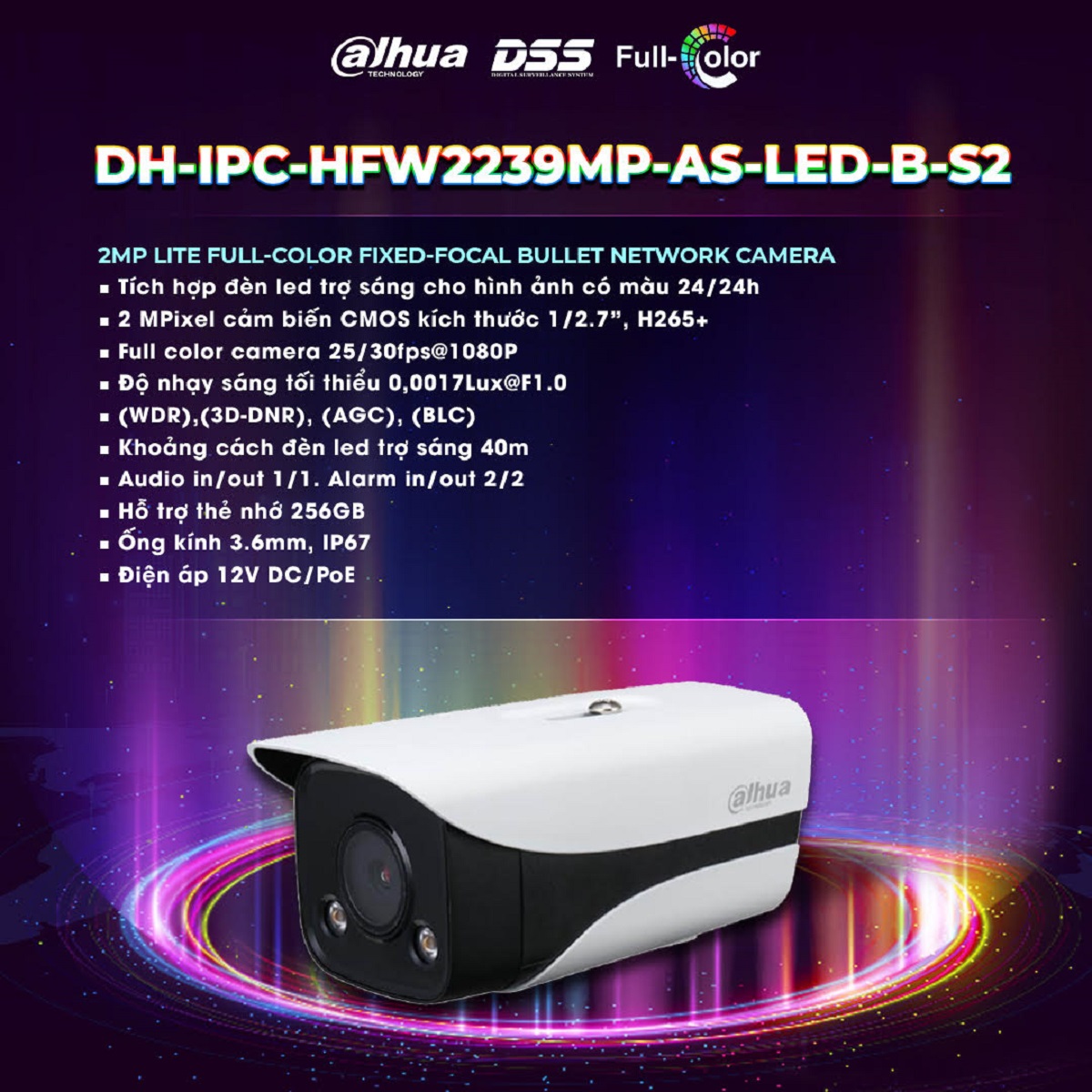Camera DAHUA DH-IPC-HFW2239MP-AS-LED-B-S2 IP Full-Color 2MP-hàng chính hãng