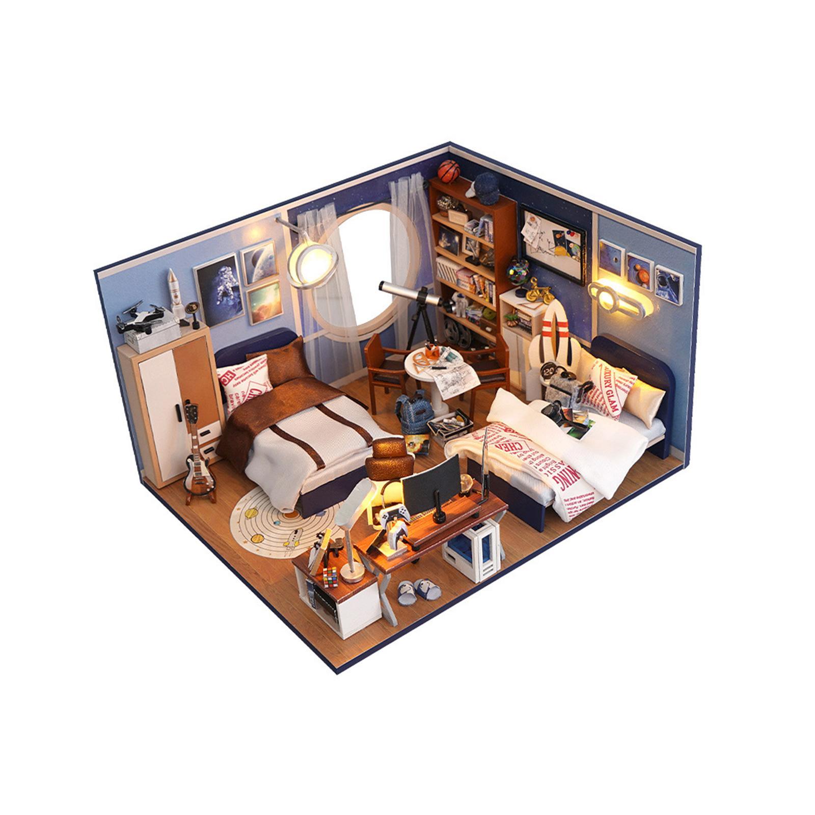 Wooden Miniature Dollhouse Kits Fashion with Lights Artwork Creative Bedroom